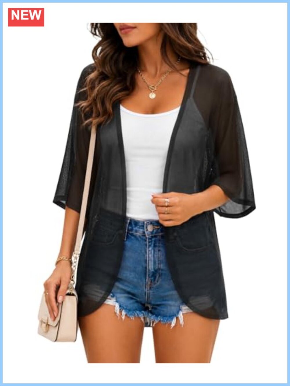Sheer Mesh Kimono Swim Cover Up Women Loose Fit Open Front 3/4 Sleeve